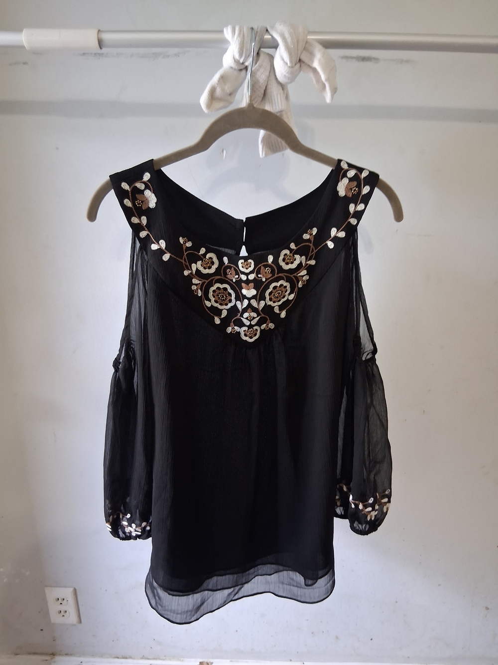 Embroidered Cold-Shoulder Blouse - Black - Picture 1 of 6